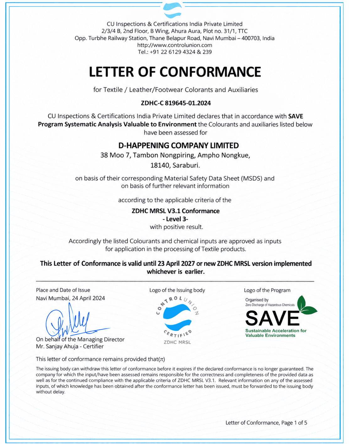 ZDHC MRSL v3.1 Letter of Conformance for D-Happening Company Limited colourants and auxiliaries, issued by Control Union