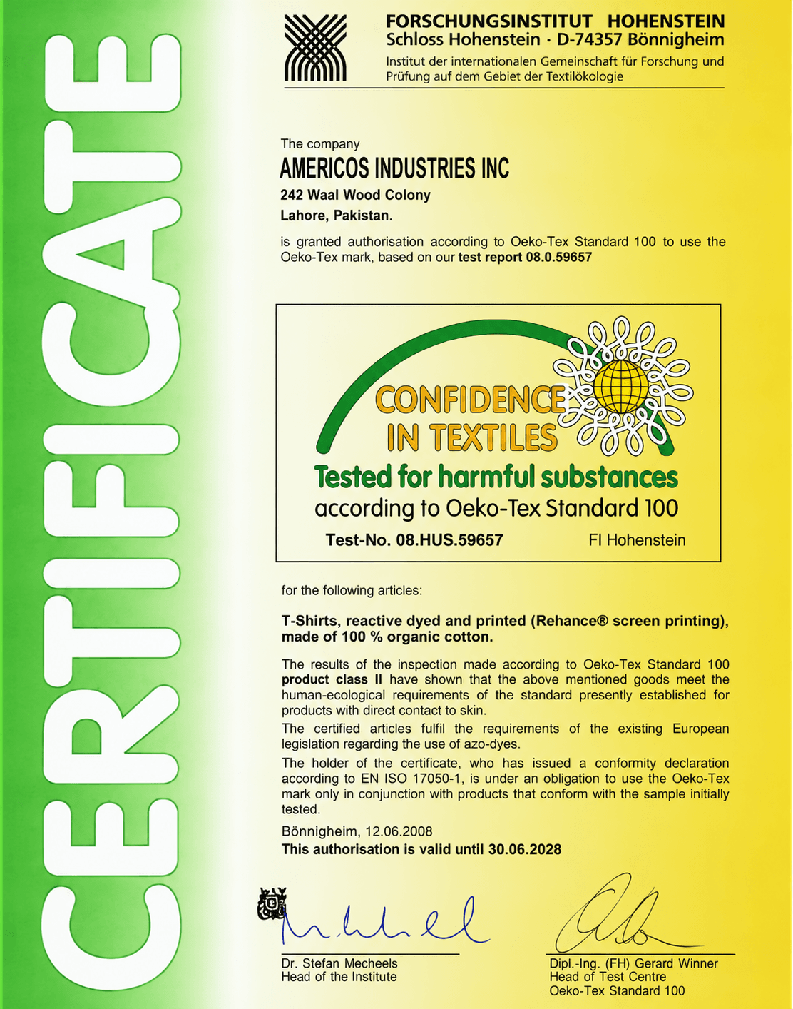 OEKO-TEX Standard 100 Certificate for Americos Industries Inc., tested for harmful substances